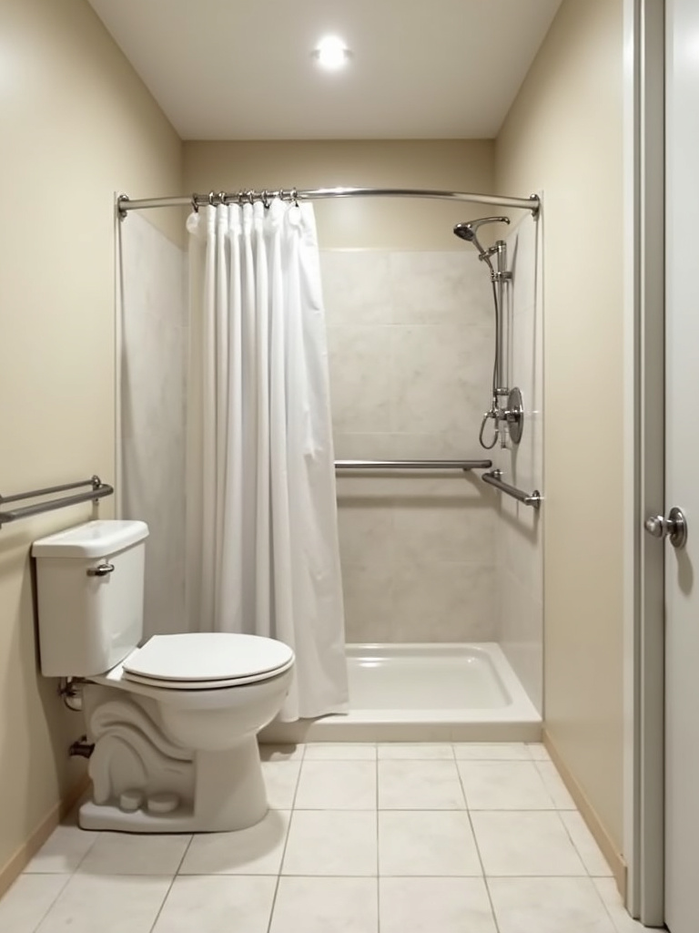 A bathroom with modifications for universal design including walk in shower and grab bars.