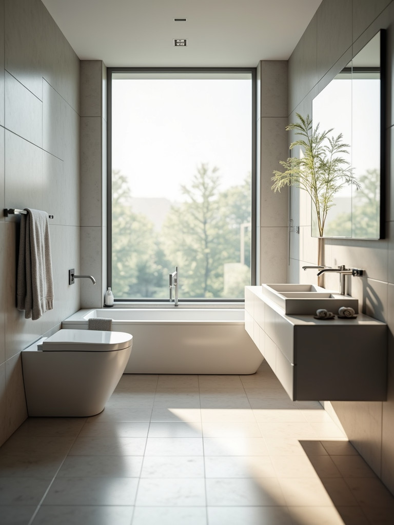 Energy-efficient bathroom with LED lighting and natural light from a large window