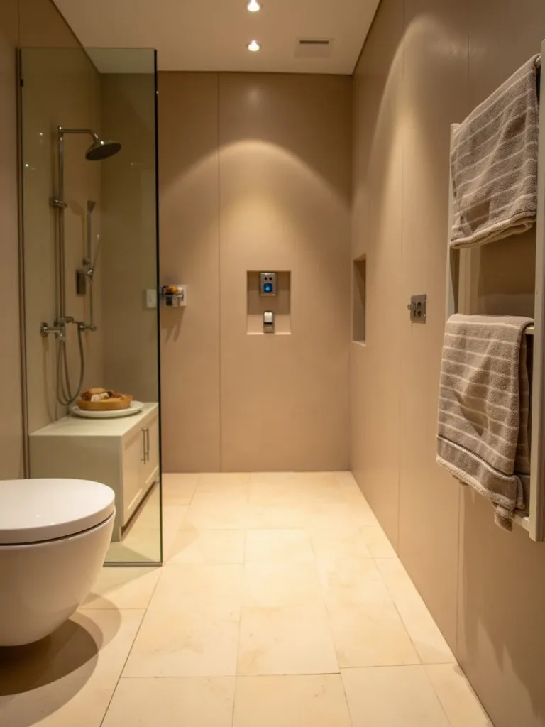 A comfortable bathroom with heated flooring and soft ambient lighting