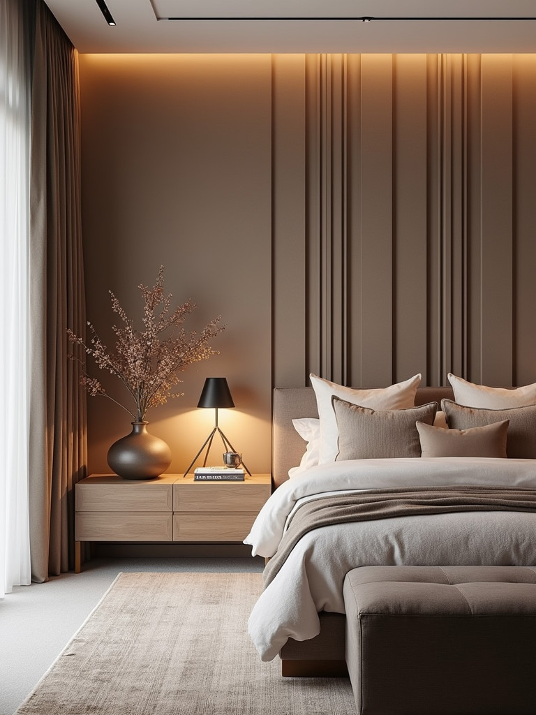 Modern bedroom showcasing a striking feature wall