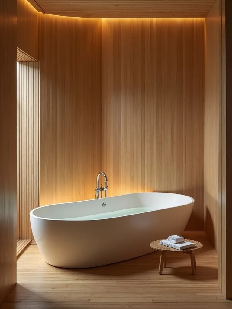 A serene bathroom with a traditional Japanese soaking tub and natural wood elements