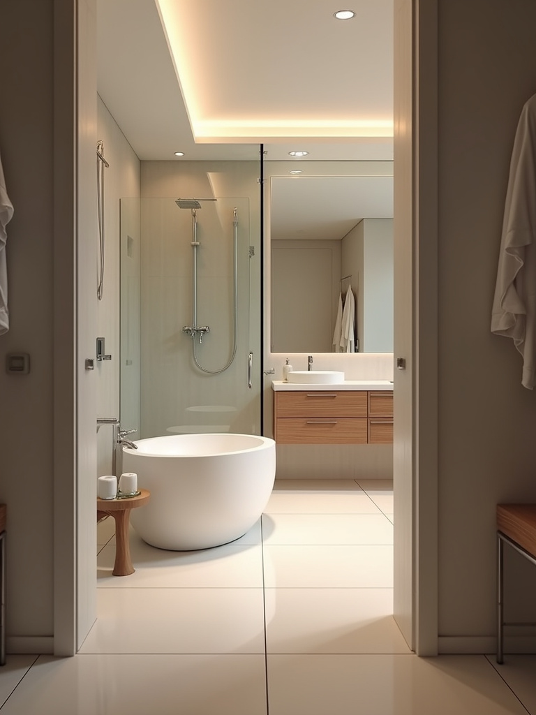 A wide shot showcasing the layout of a modern bathroom with a tub and separate shower area.