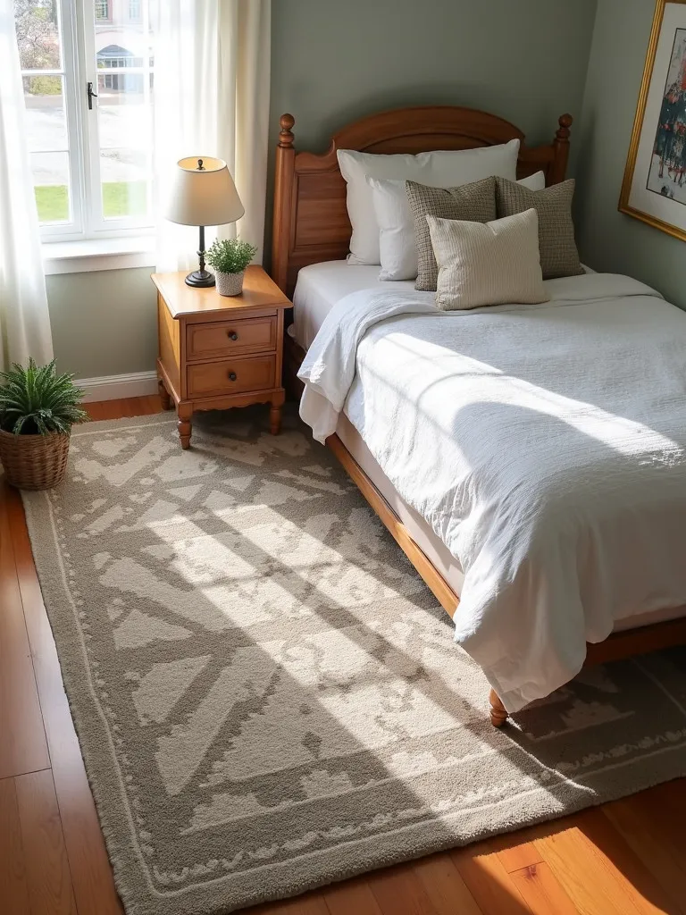 A bedroom with a large coordinated area rug placed under the bed and nightstands, adding warmth and texture to the room.