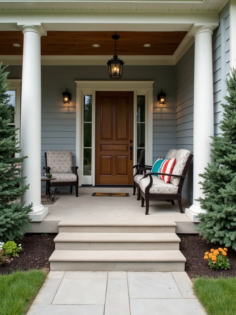 A cozy outdoor seating area on a front porch with chairs, cushions, and a small table.