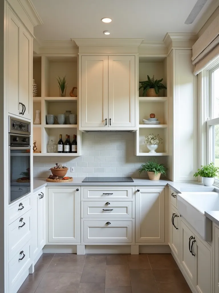 Butler’s pantry with cabinets, open shelves, and prep sink.