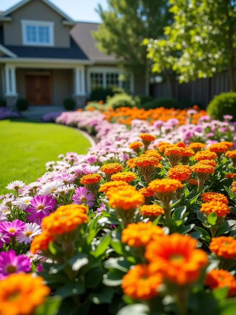 Colorful layered flower bed in a front yard