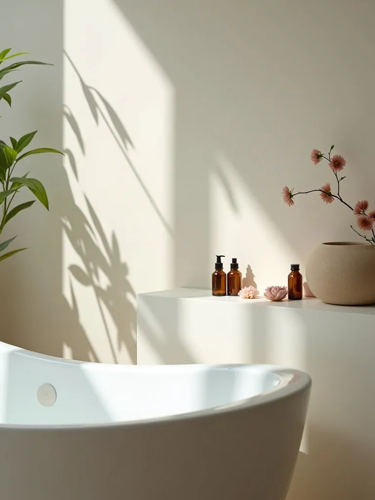 A calming bathroom with essential oils and soft, diffused lighting