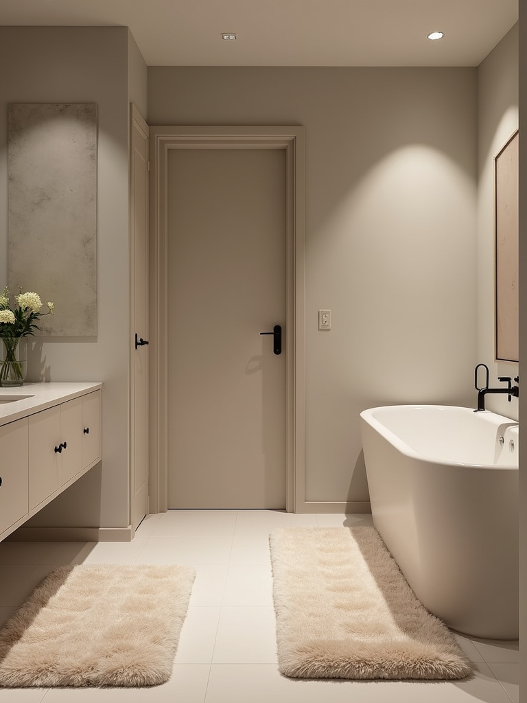 A spa-like bathroom setting with muted colors, plush mats, a freestanding tub, and rainfall showerhead.
