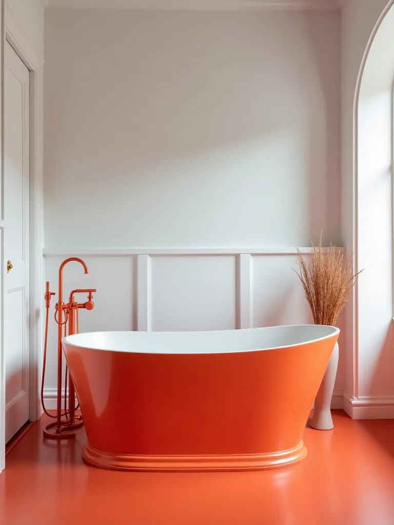 A vibrant bathroom featuring a bold-colored tub