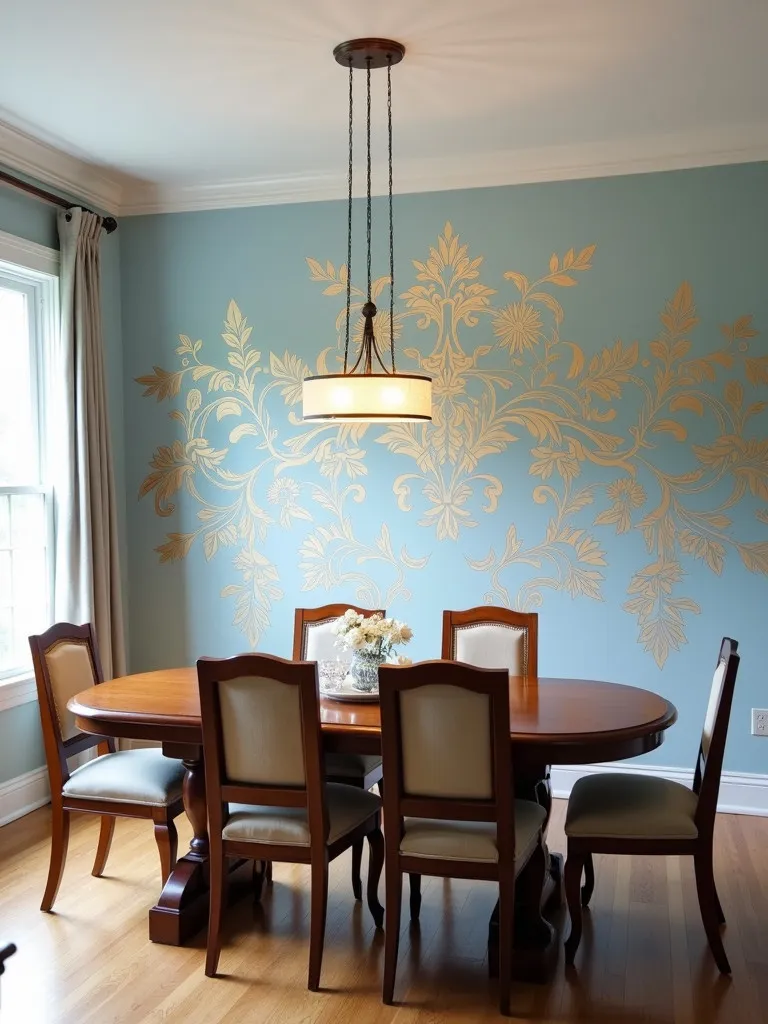Dining room with a custom gold floral stencil design accent wall on a light blue background