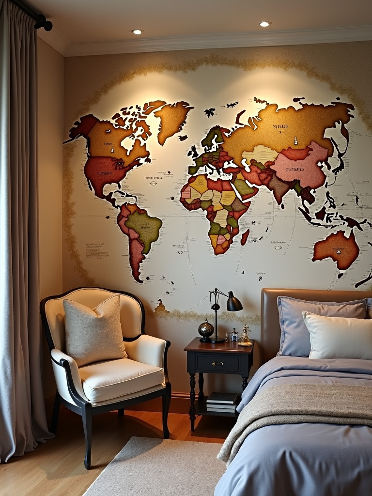 A unique bedroom with a custom designed wallpaper accent wall showing a world map, complemented by travel inspired decor.