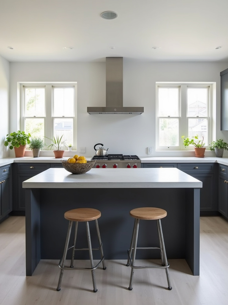A DIY concrete top kitchen island with a smooth, light gray finish, within a minimalist modern kitchen with soft lighting.