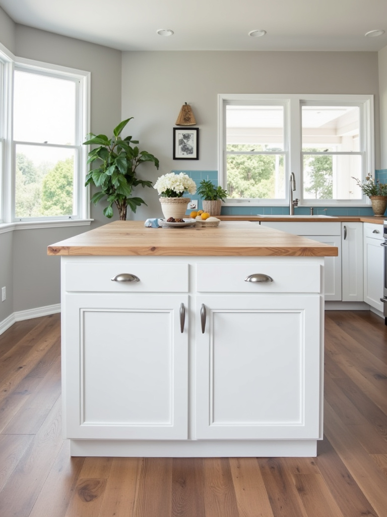 A DIY kitchen island with stock white cabinets and light wood countertop in a bright, contemporary kitchen with grey walls and wood flooring.