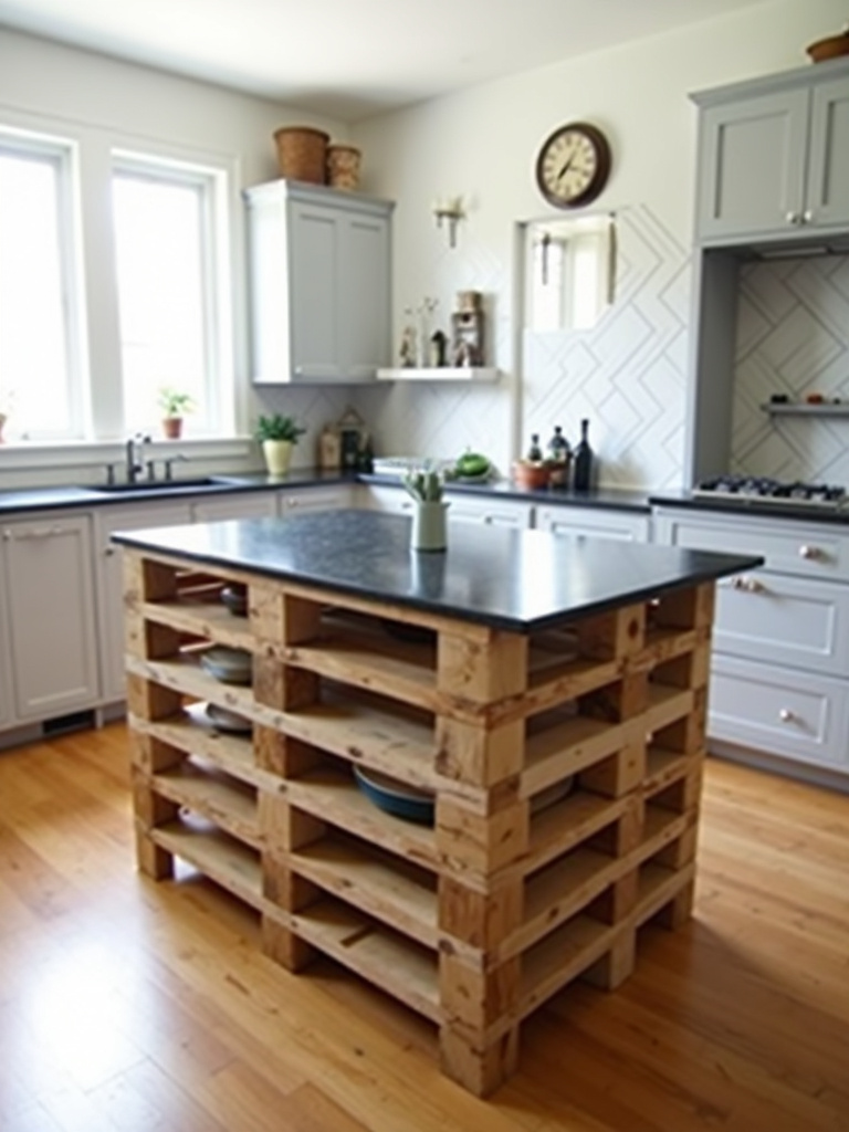 A DIY pallet kitchen island made of sanded, light-brown stained wood with a contrasting black countertop.