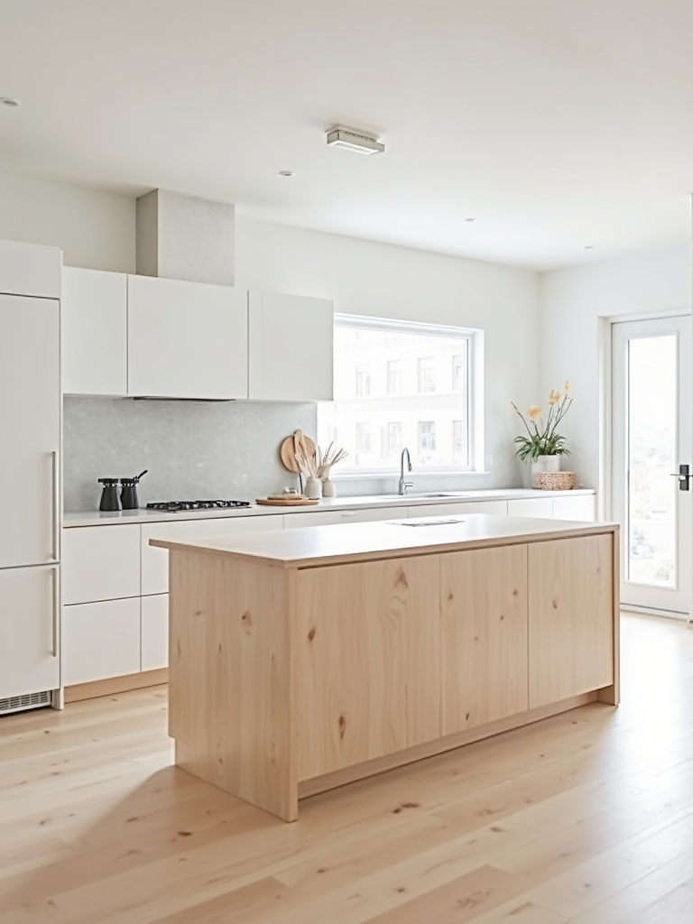 A minimalist DIY kitchen island made of light wood plywood, in a simple Scandinavian style kitchen setting with bright lighting.