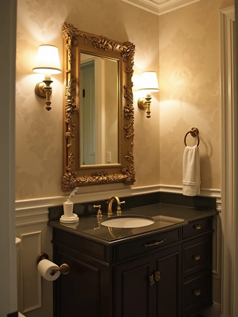 Elegant bathroom with damask patterned wallpaper.