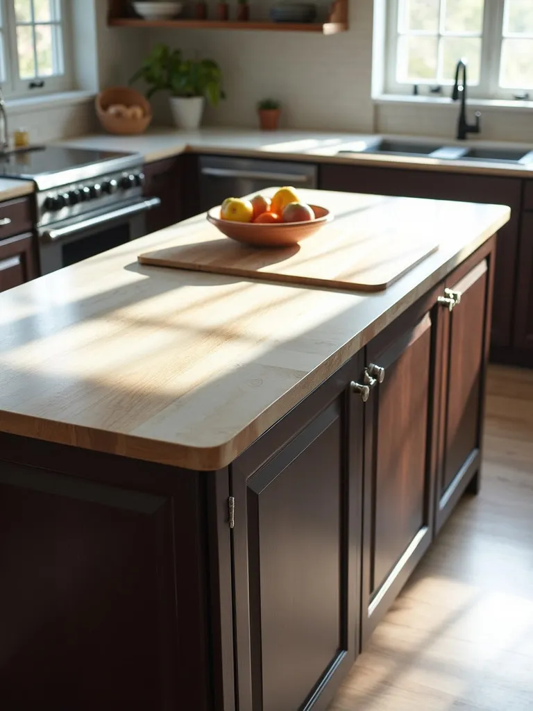 A dark brown kitchen island in the center of the kitchen.