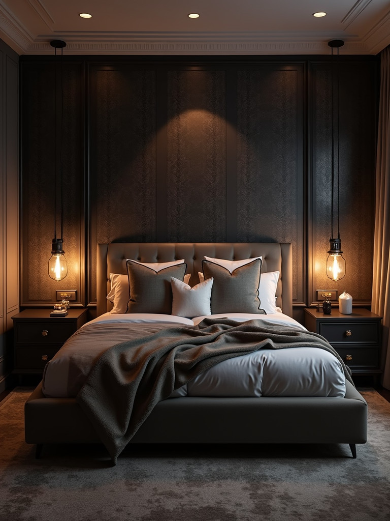 A cozy bedroom featuring a dark and moody patterned wallpaper accent wall, complemented by dim lighting and plush furnishings.