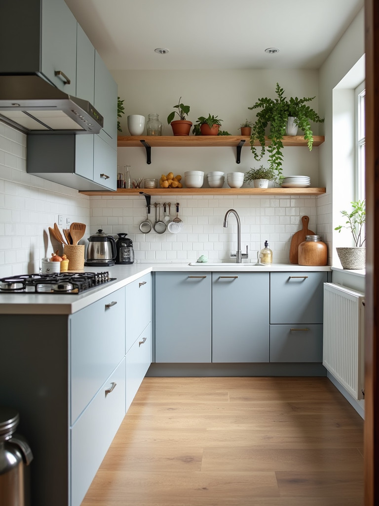 a small, well-organized kitchen, showing the benefits of regular decluttering and efficient organization.