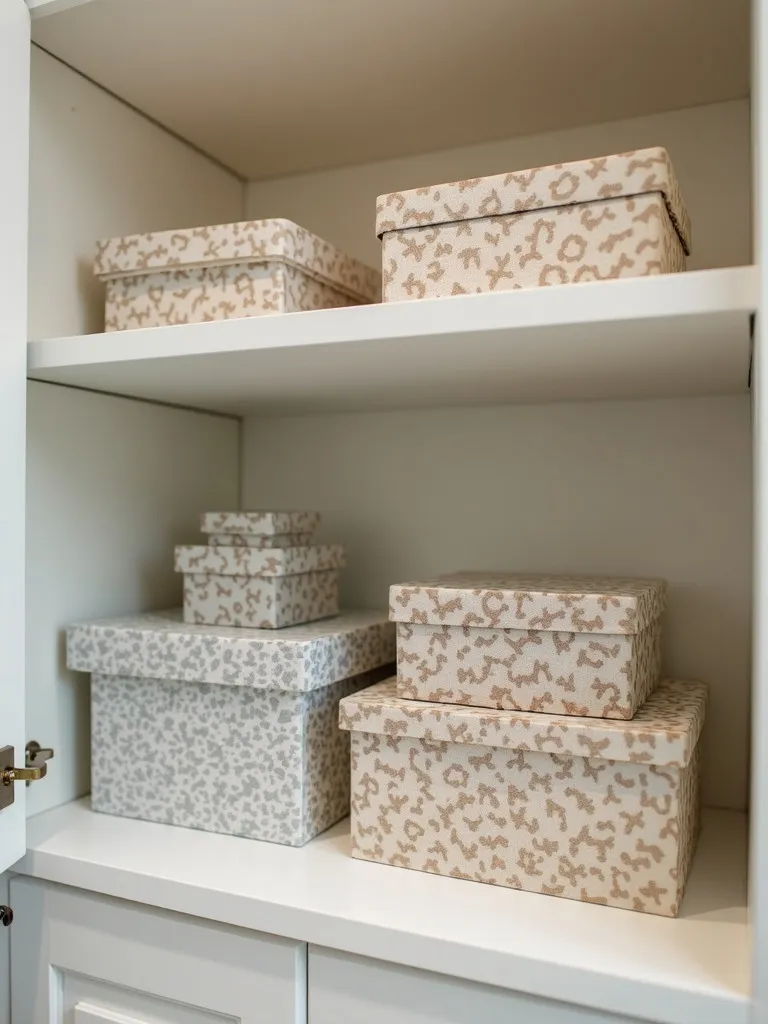 Several decorative storage boxes with various patterns arranged on a shelf in a bathroom cabinet