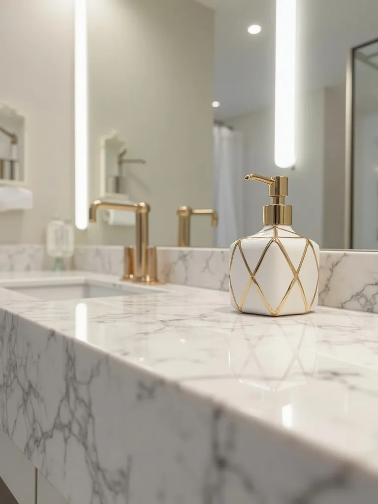A marble countertop with a white and gold soap dispenser