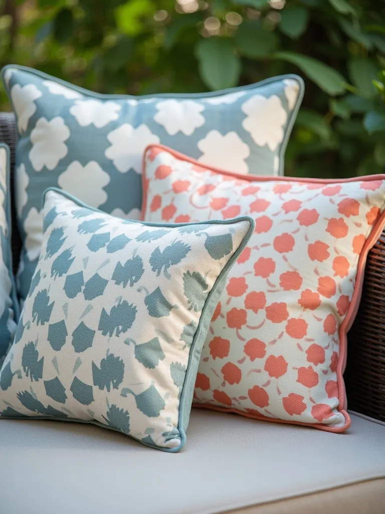 A set of decorative throw pillows arranged on outdoor seating.