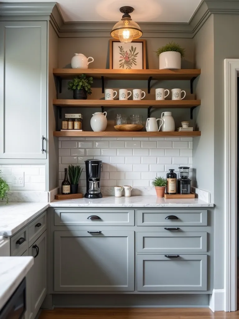 A cozy coffee nook in a kitchen featuring coffee maker, shelves, and mugs