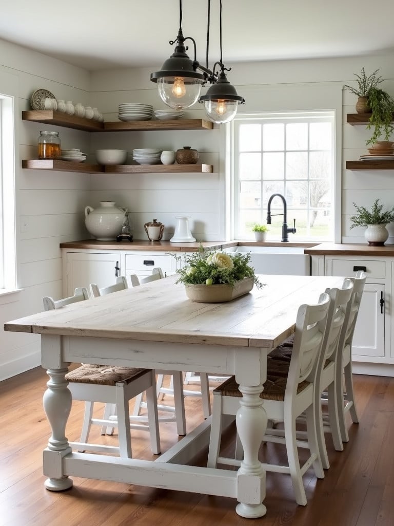 A distressed white painted farmhouse table in a rustic kitchen setting.
