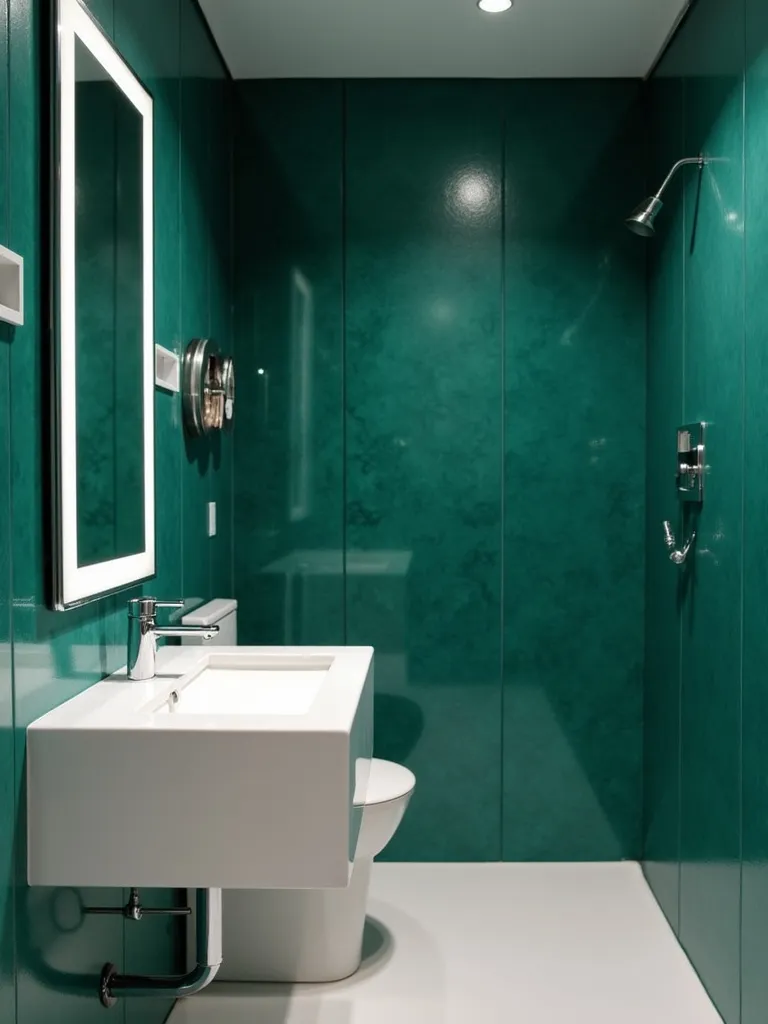 Bold, glossy green wallpaper in the bathroom.