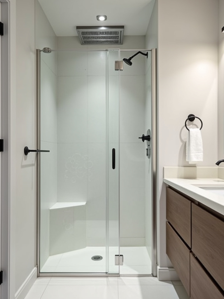 A modern bathroom with a visible exhaust fan above the shower.
