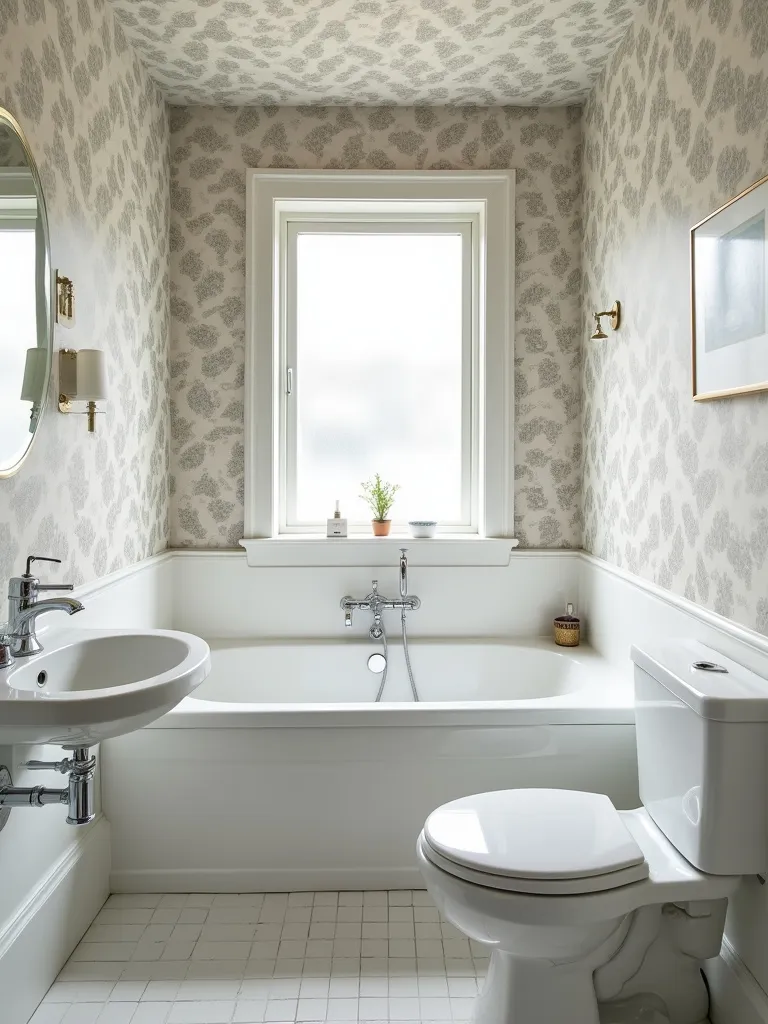 Wallpaper used on both walls and ceilings.