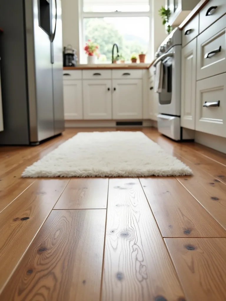 Engineered hardwood flooring in a kitchen with white accents
