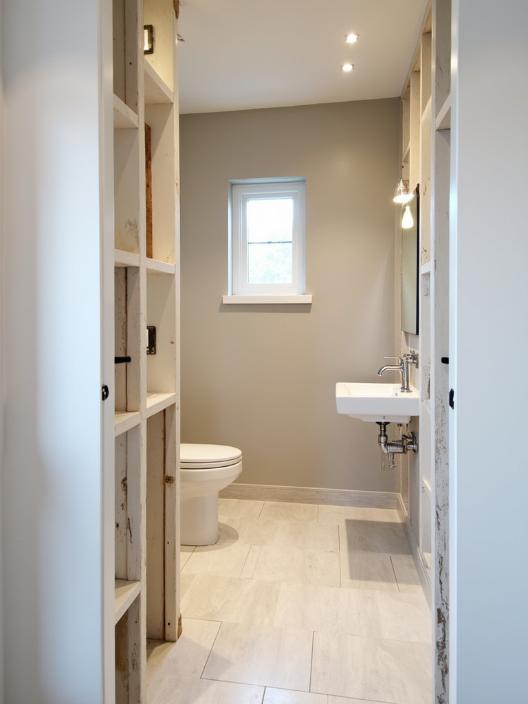 Bathroom renovation in progress with exposed walls and fixtures