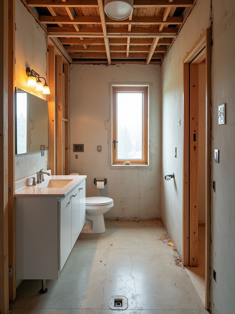 Bathroom in mid-demolition with exposed walls and plumbing