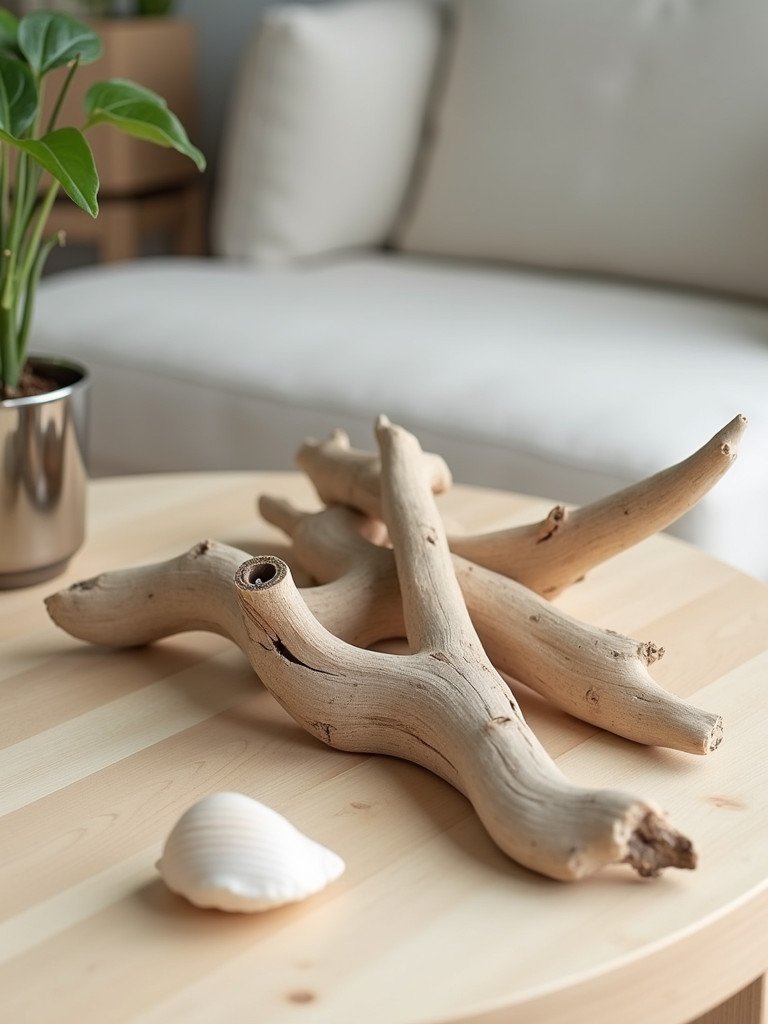 Grouped pieces of driftwood artistically displayed on a coffee table with a single shell