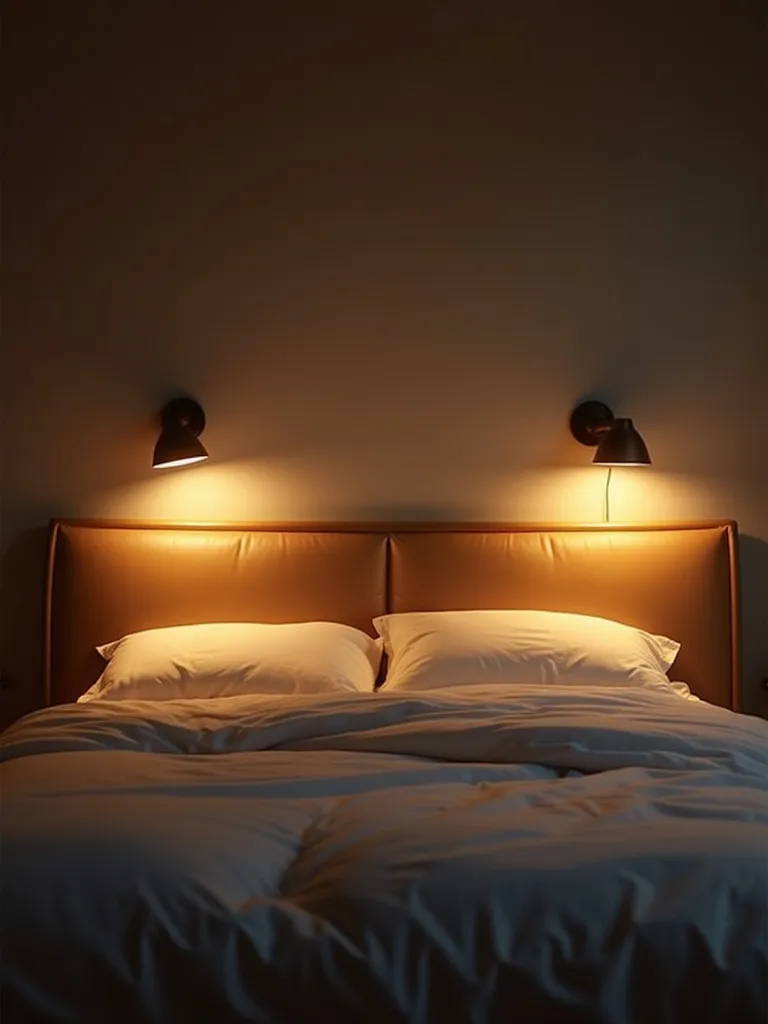 A bedroom featuring two wall-mounted reading lights on either side of the bed, providing warm and adjustable lighting