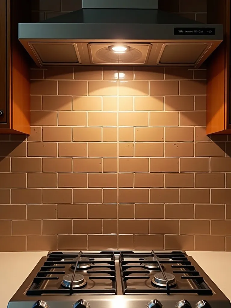 A kitchen backsplash made of earthy brown tiles.