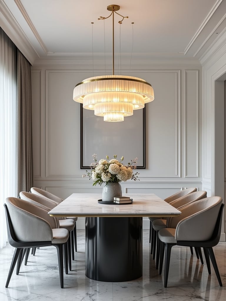 Modern dining space featuring a minimalist tier chandelier over a marble top table with soft ambient lighting.