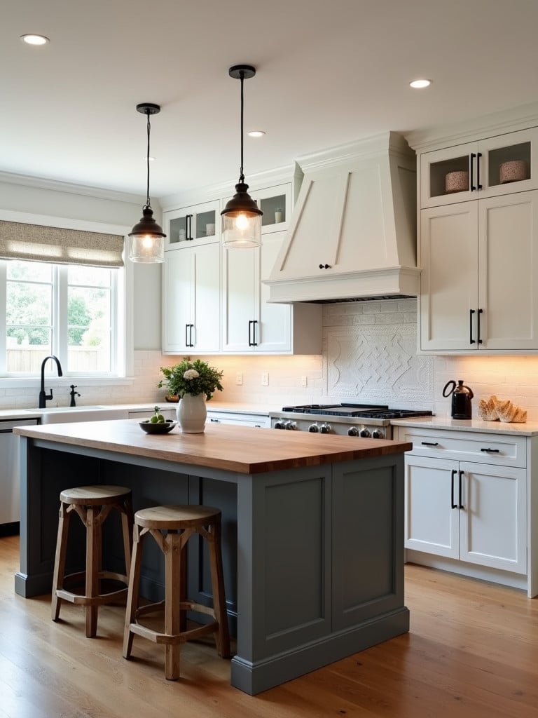 A traditional white kitchen featuring a sophisticated charcoal gray island with a butcher block countertop