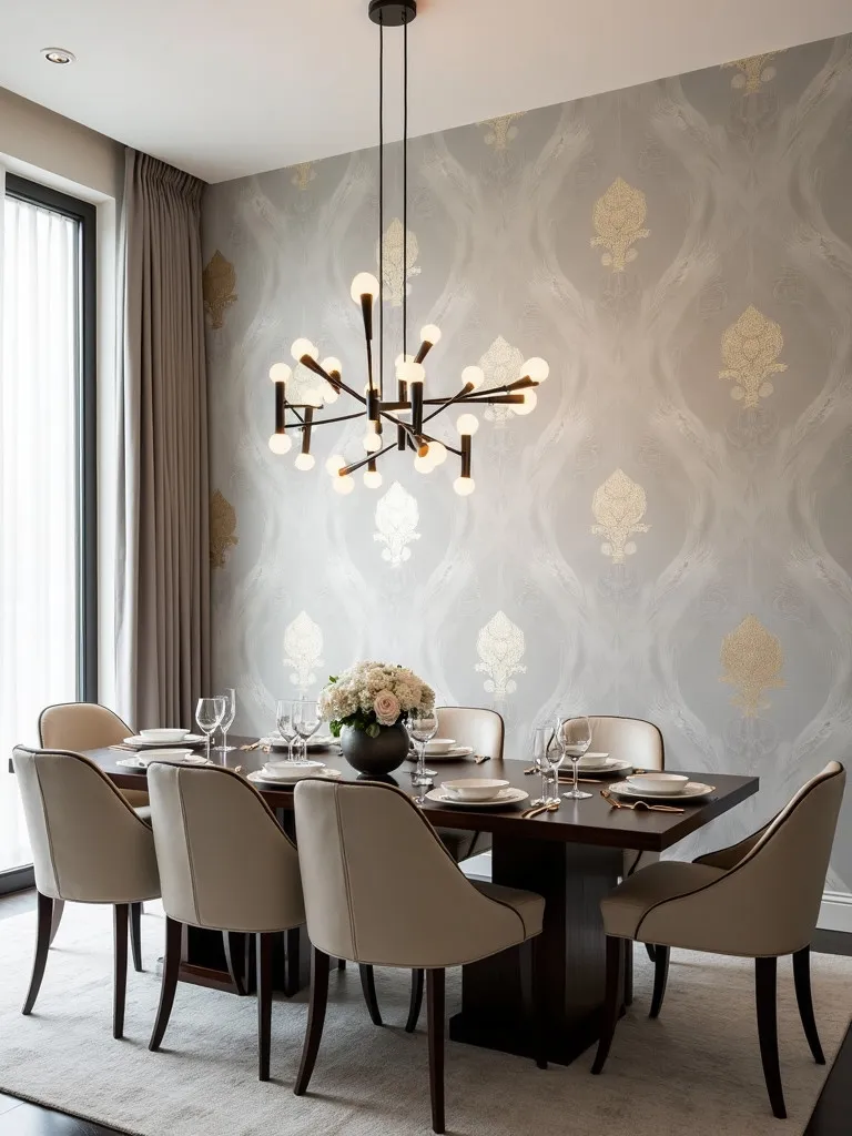 Elegant dining room with a subtle damask patterned wallpaper accent wall with gold metallic accents
