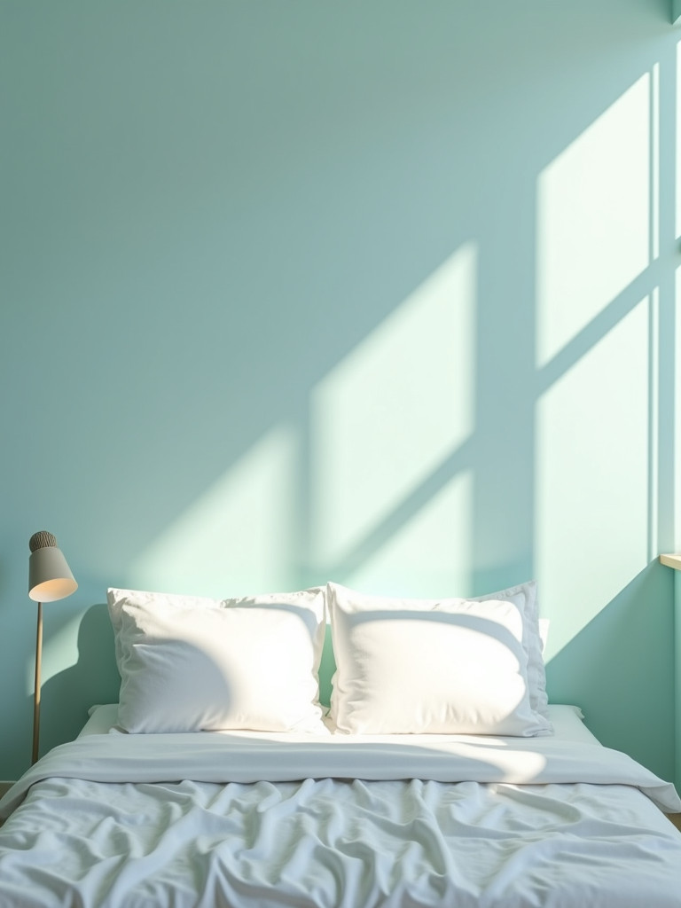 Serene bedroom with light blue walls and white linens bathed in natural light