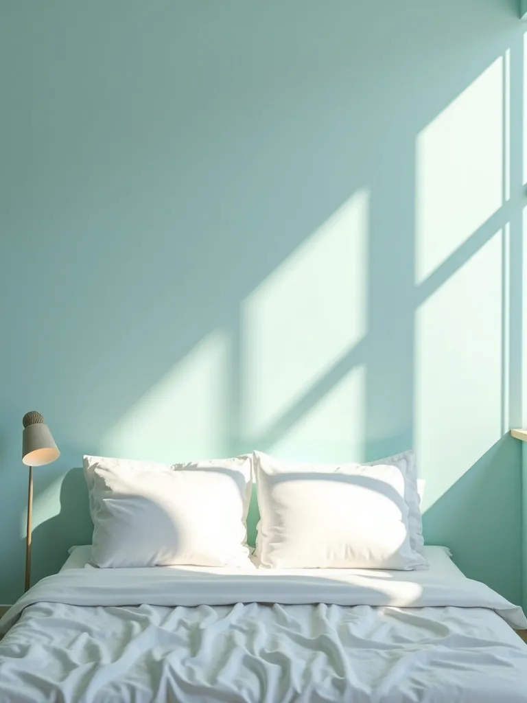 Serene bedroom with light blue walls and white linens bathed in natural light