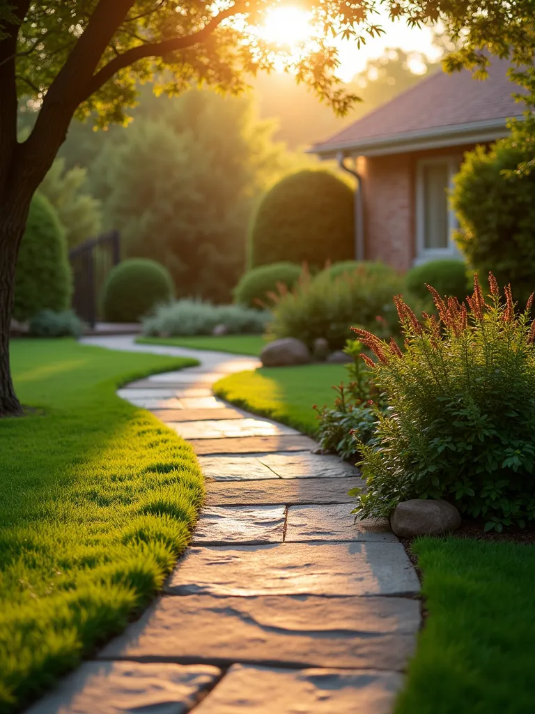Curved stone pathway in a lush front yard