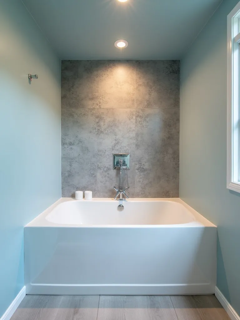 A deep soaking tub in a modern bathroom with soft, warm lighting