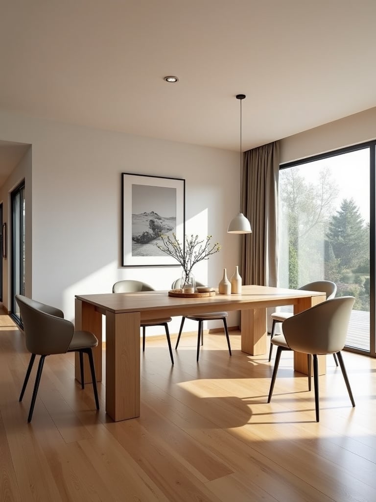 Modern contemporary dining space with a light wood expandable table and minimalist lighting and design elements.