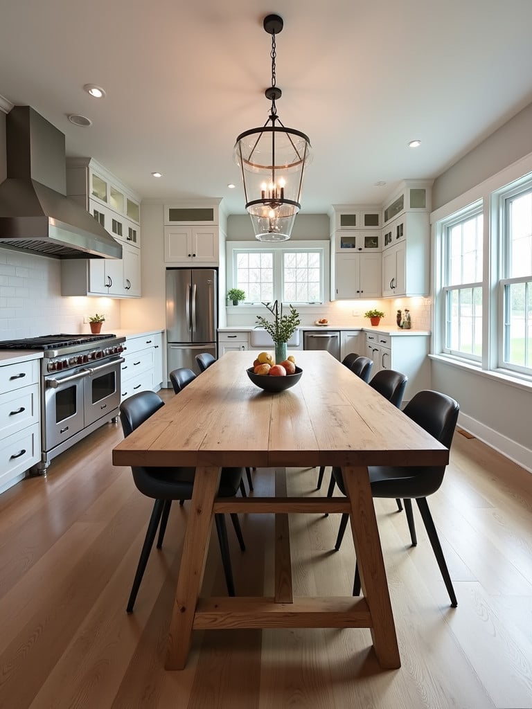 An extendable farmhouse dining table in a spacious kitchen.