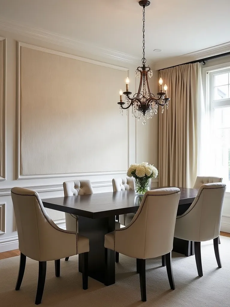 Formal dining room with a cream-colored fabric upholstered accent wall