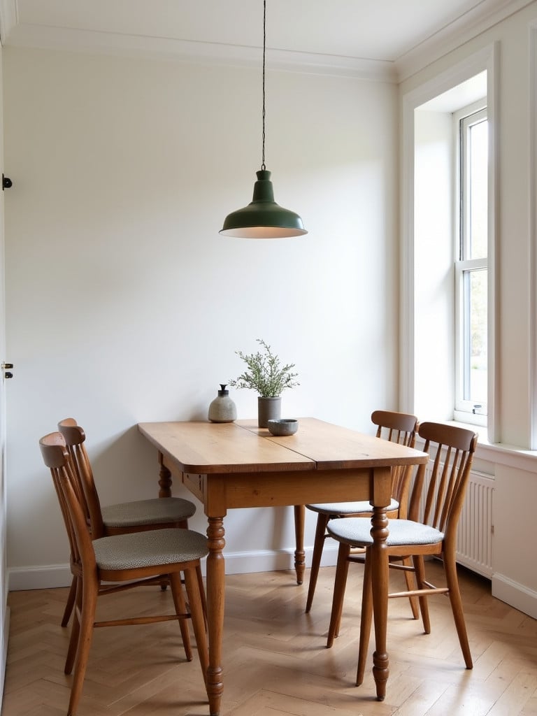 A farmhouse drop leaf table in a compact, well-lit dining area.