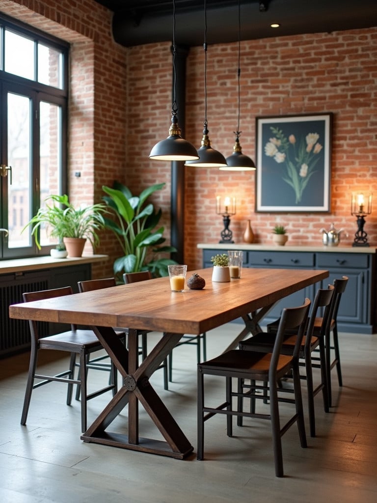 A farmhouse table with metal accents in an industrial style dining room.