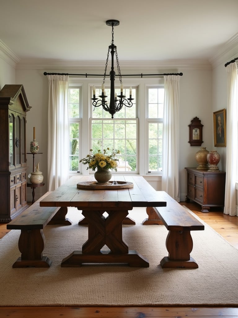 A farmhouse trestle table with bench in a cozy dining space.